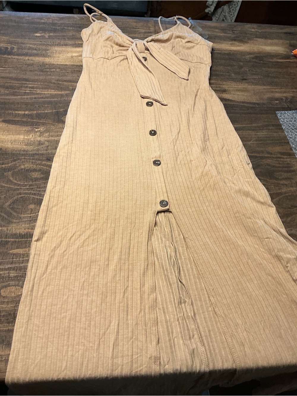 Fashion Nova Beige Ribbed Button-Front Maxi Dress with Front Tie